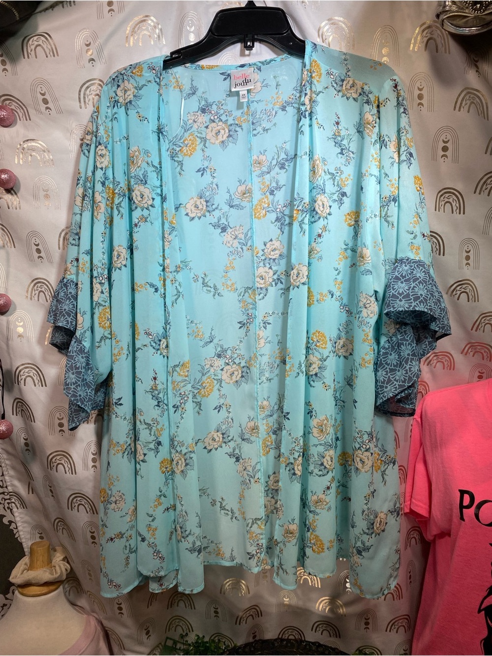 Belle Du Jour Aqua Floral Kimono Top with Yellow Roses